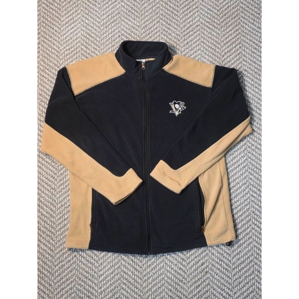 Pittsburgh Penguins NHL Full Zip Jacket Mens Large L Black Gold Licensed